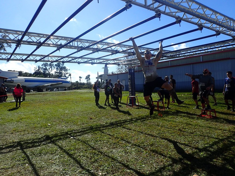Pull-ups on an outdoor rig during a fitness competition